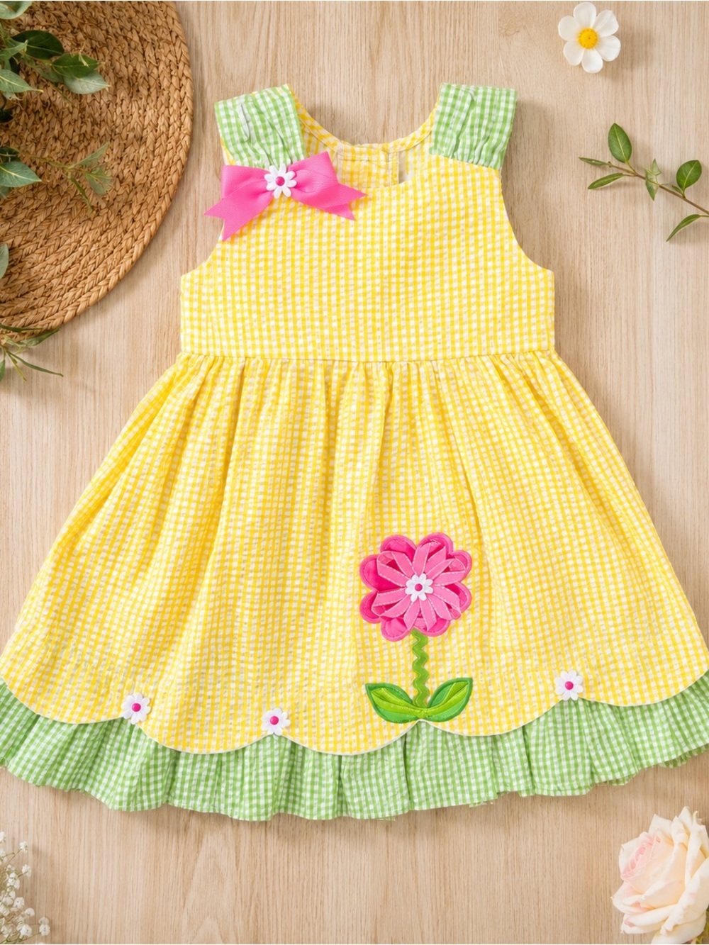 Rare Editions Yellow Gingham Dress w/ Pink Flower and Green Trim 3T Toddler Girl